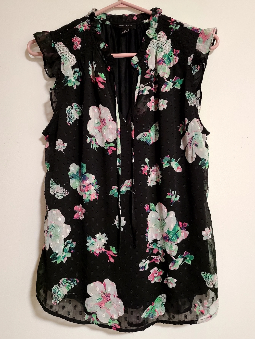 Tamara H. Fairycore Sheer Floral Blouse Boho Romantic Ruffle Flutter Sleeve EUC